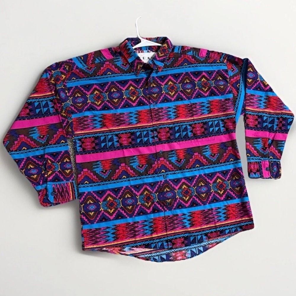 Southwestern Aztec Shirt Mens XL Colorful 90s Western Cowboy Button Up Vintage